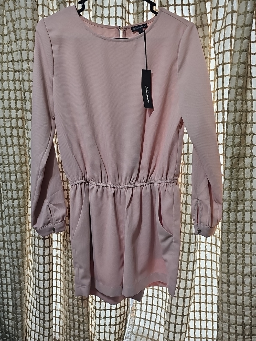 Blush Pink Long-Sleeve Gathered Waist Dress